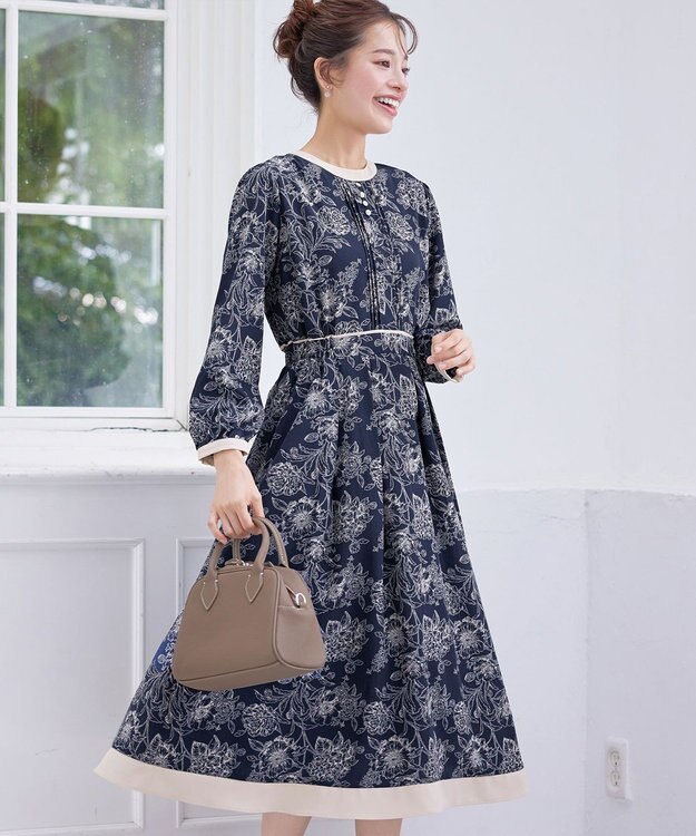 Tiaclasse L 【洗える】トワルドジュイ配色ワンピース ネイビー