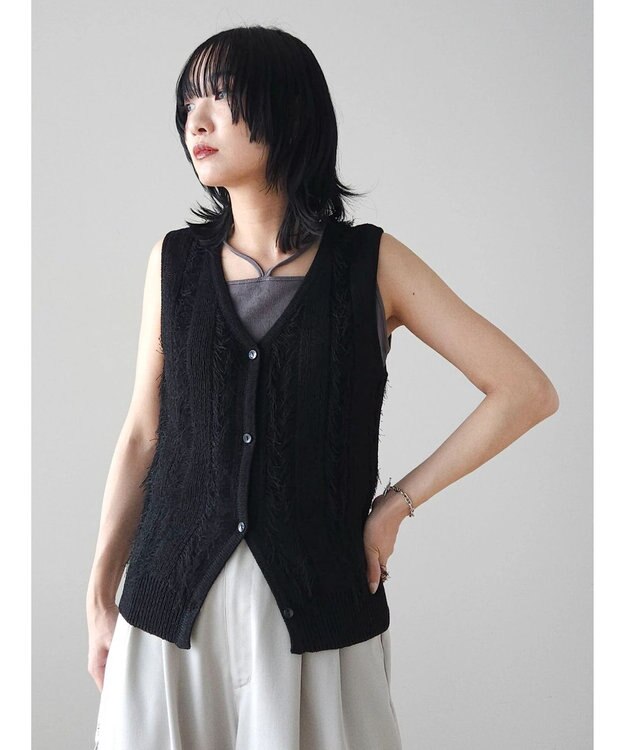 Green Parks フリンジニットベスト Black