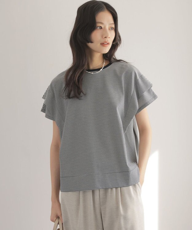 組曲 S GIZAコットンドルマンスリーブ Tシャツ ネイビー×オフ系2