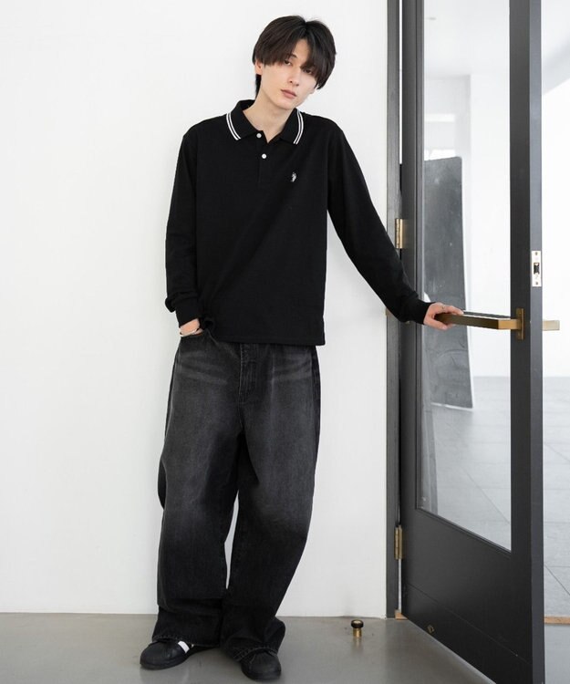 WEGO 【25年秋冬新作/ユニセックスITEM/SMLサイズ展開】別注USPOLOラインポロシャツ（長袖） ブラック