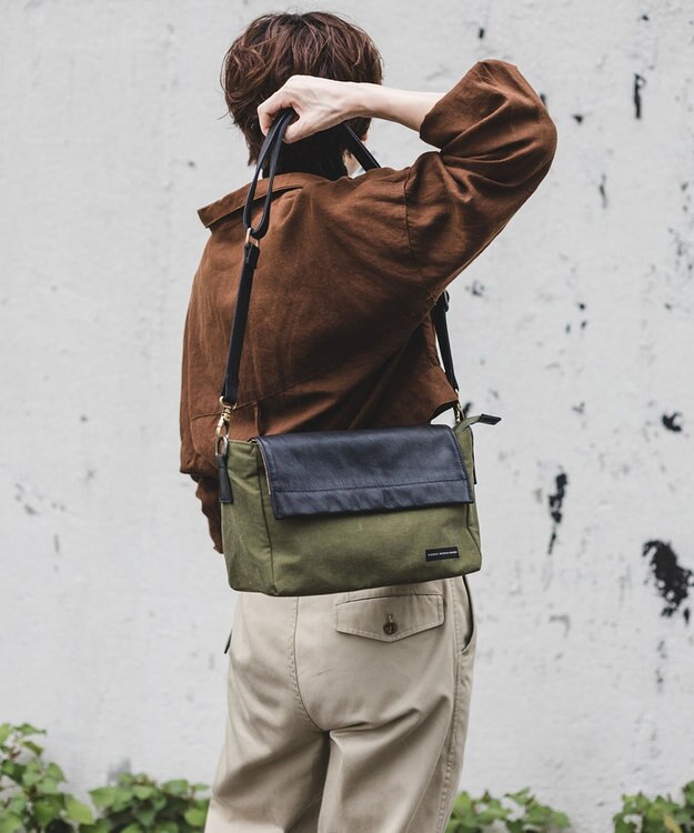 YUSHI EVER - FLAP SHOULDER ナイロン 本革 かぶせショルダーバッグ オリーブ