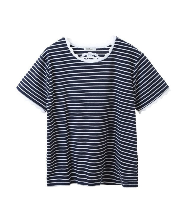 earth music&ecology バイカラースカラッププルオーバー Border Navy