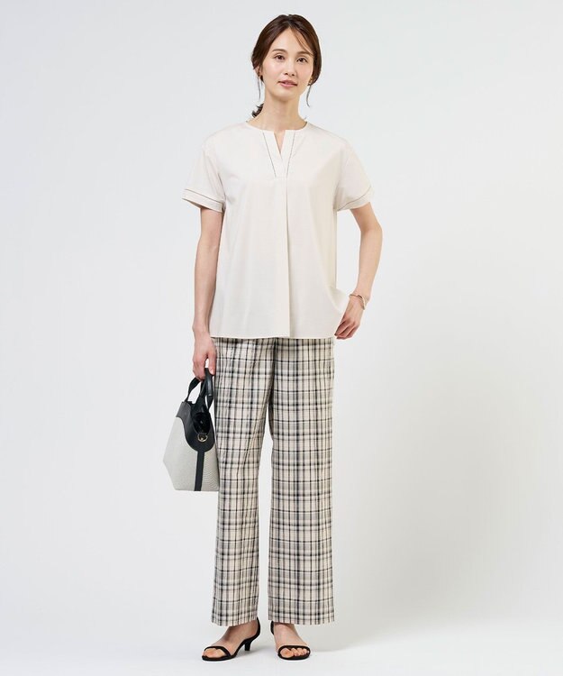 J.PRESS LADIES リネンレーヨン 柄 ワイドパンツ 【WEB限定】ベージュチェック系