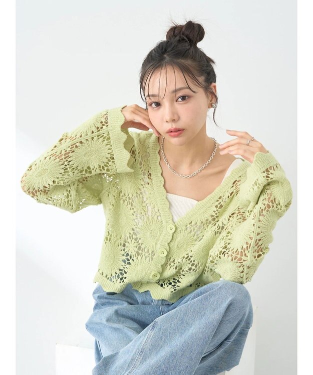 earth music&ecology クロシェ風カーディガン Lime Green