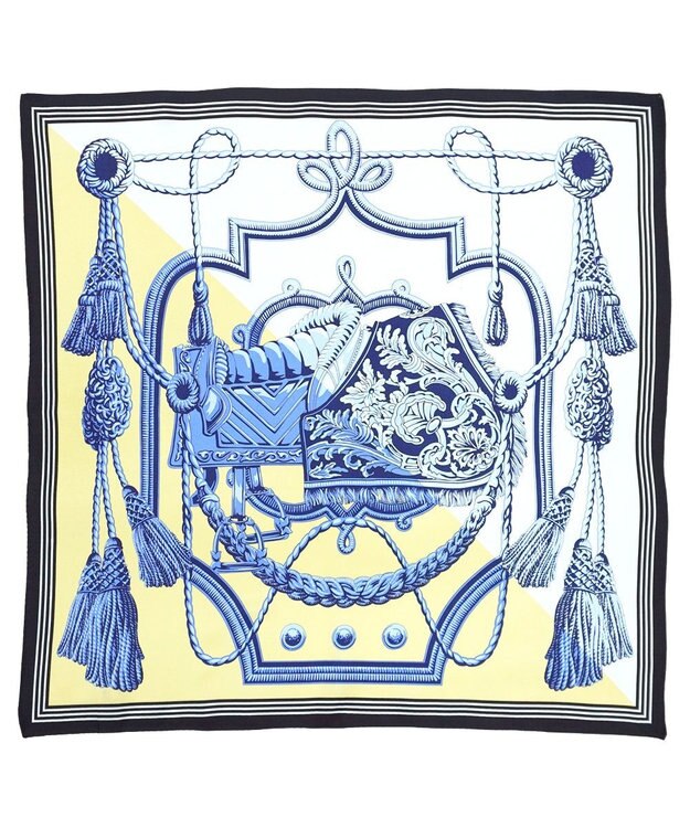 Marca ＜春の新作！＞【伝統横濱スカーフ】ビッグタッセル&鞍（FET-056） 小判 シルクツイル スカーフ イエロー×ブルー