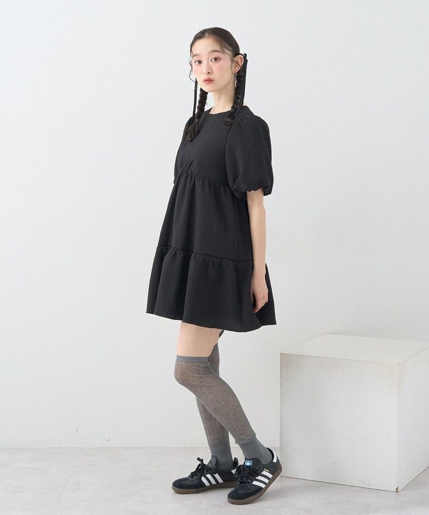 earth music&ecology バックリボンパフスリーブミニワンピース Black