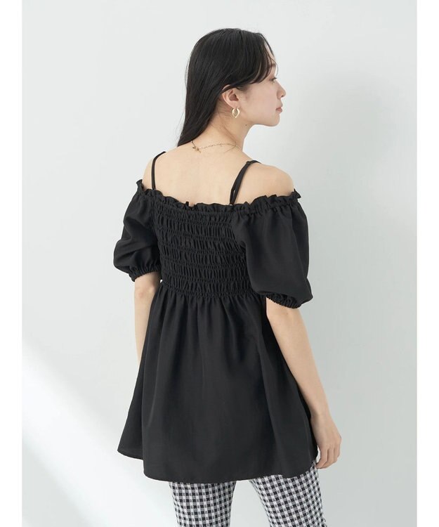 earth music&ecology ２ｗａｙショルダーシャーリングチュニック Black