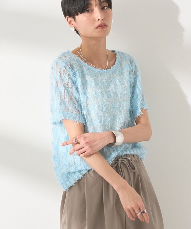 AMERICAN HOLIC チュールフリンジシアーＴシャツ Light Blue
