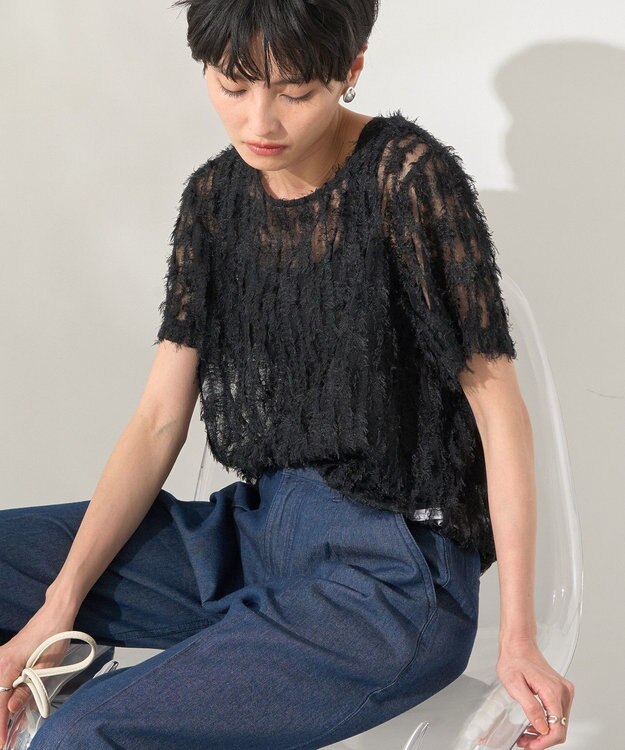 AMERICAN HOLIC チュールフリンジシアーＴシャツ Black