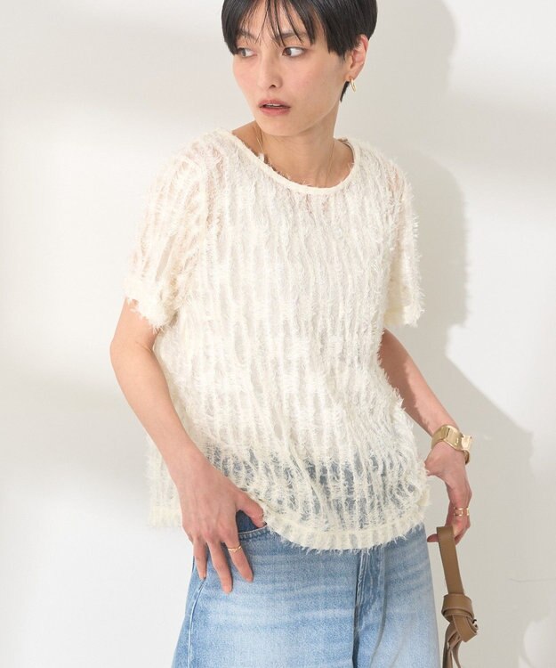 AMERICAN HOLIC チュールフリンジシアーＴシャツ Ivory