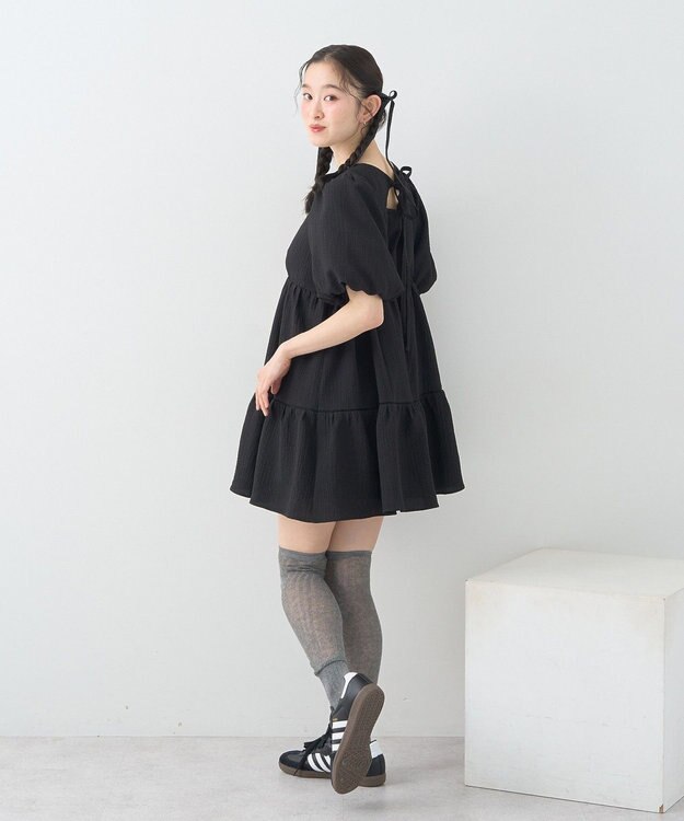 earth music&ecology バックリボンパフスリーブミニワンピース Black