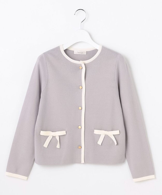 Feroux バイカラーリボンニット カーディガン スカイブルー系