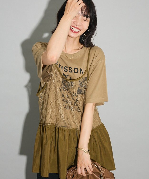 Green Parks ＳＥＴ２点フォトＴシャツ＋レースキャミビスチェ Brown