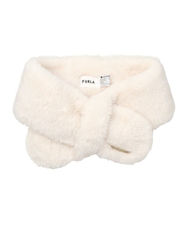 MOONBAT FURLA ファーティペット 差し込み ロゴプレート付 フェイクファーマフラー オフホワイト