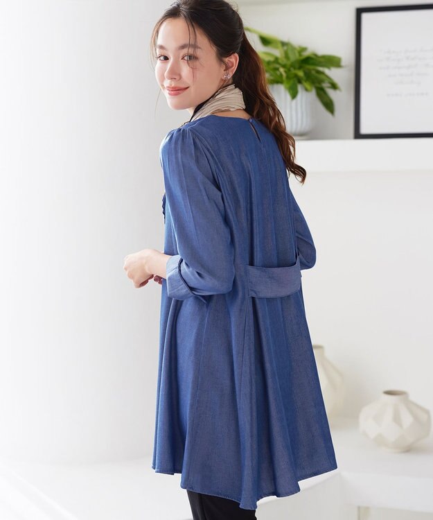 Tiaclasse L 【おのののかさん着用】半袖＆七分袖選べる袖丈バックフレアチュニック 七分袖ブルー