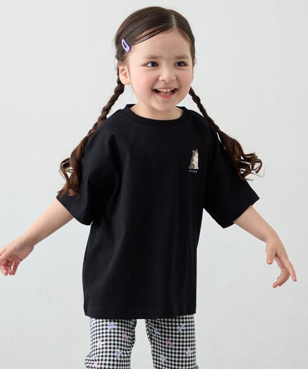 ANY KIDS 【綿100%】バックプリント オーバーサイズTシャツ ブラック×ネコ