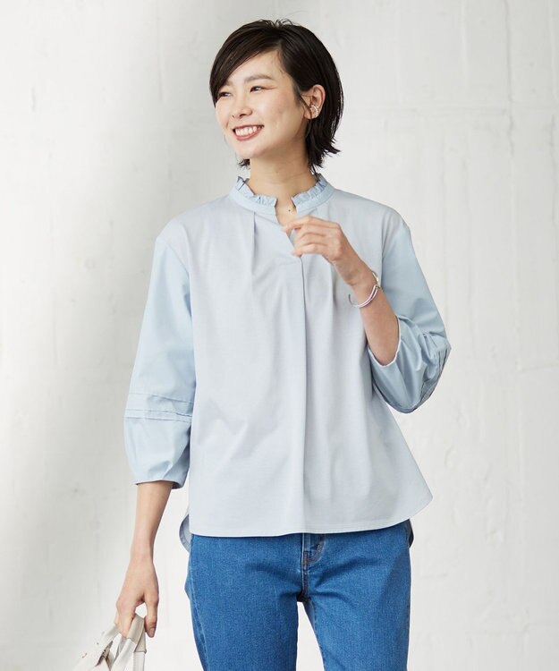 J.PRESS LADIES L コンビジャージー フリルネック カットソー サックスブルー系