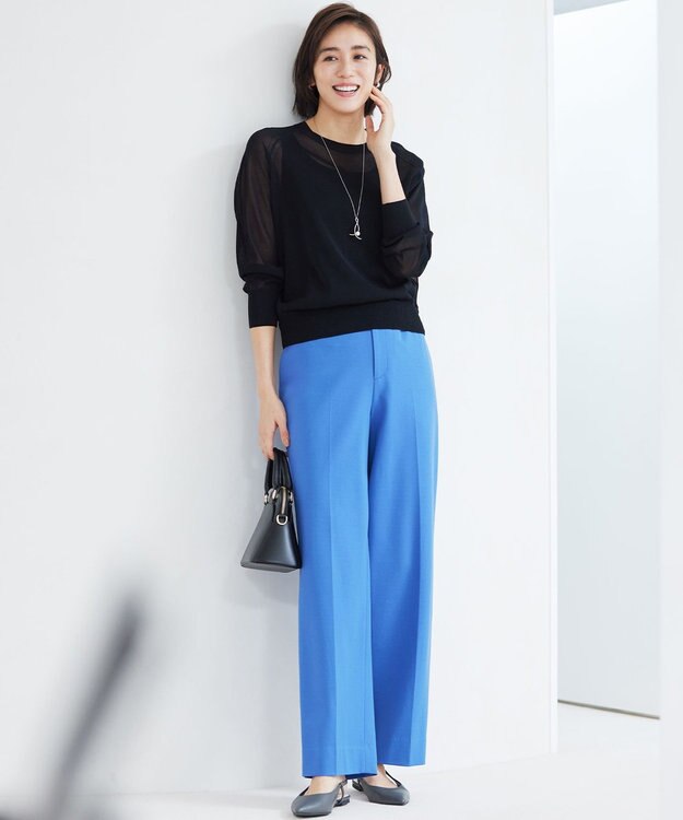 自由区 【洗える】ライトフィールジャージーワイドストレート パンツ ブルー