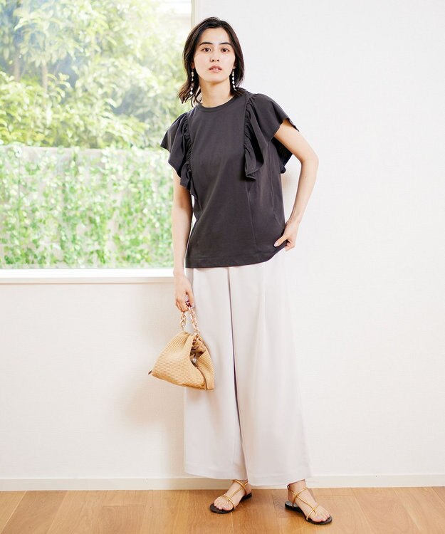 UNFILO 【吸水速乾/マシンウォッシャブル】フリルスリーブ Tシャツ グレー系