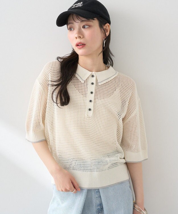 earth music&ecology メッシュポロニットプルオーバー Ivory