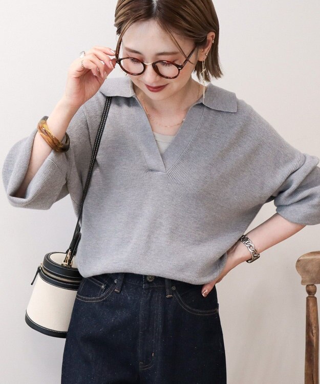 AMERICAN HOLIC バイパチ片畦衿付きニットプルオーバー Gray Mixture