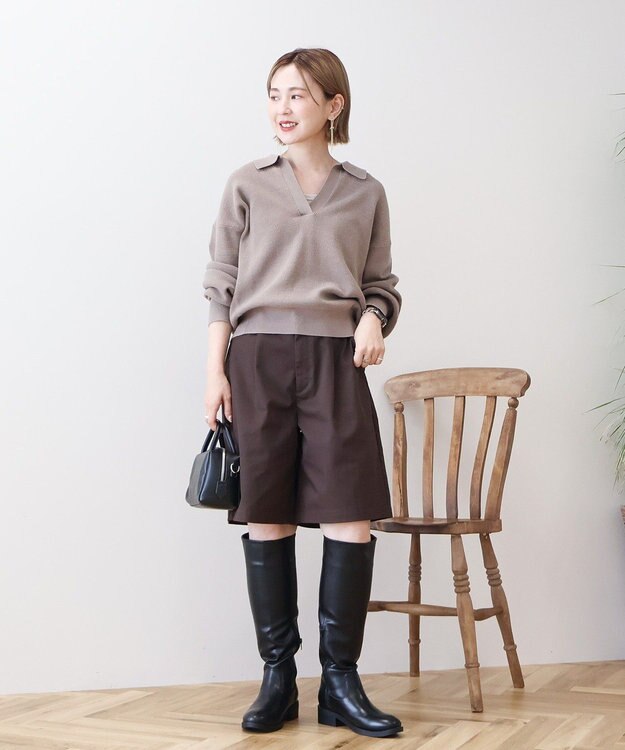 AMERICAN HOLIC バイパチ片畦衿付きニットプルオーバー Gray Beige