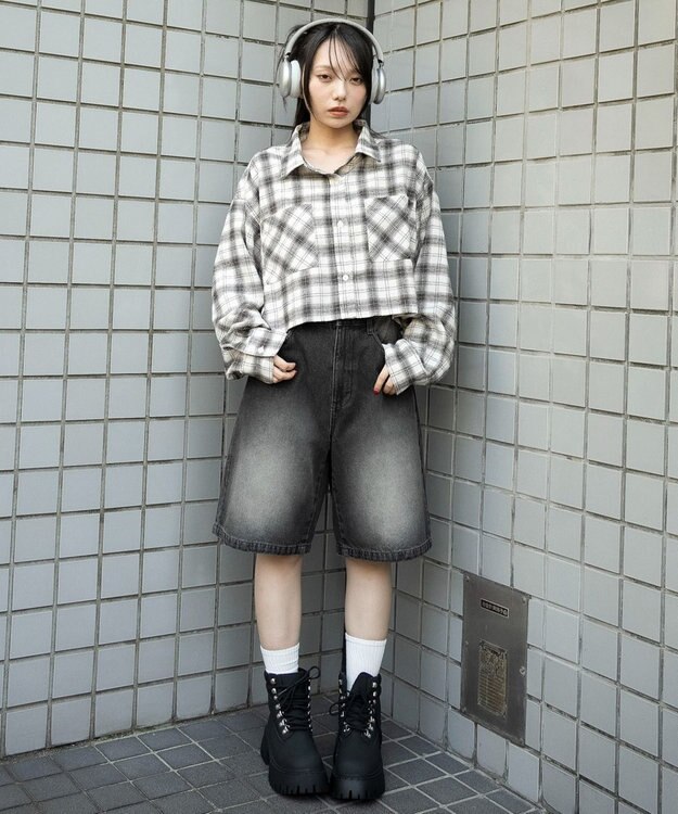 WEGO チェックショートネルシャツ ホワイトアイボリー