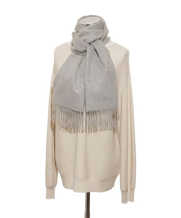 MOONBAT FURLA(フルラ）カシミヤ100％ 無地 マフラー ロゴ刺繍 手洗いOK グレー