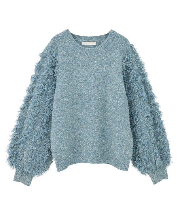 Green Parks ・ｆｕｒｒｙ　ｒａｔｅ　ラメフェザー袖フリンジニット Blue