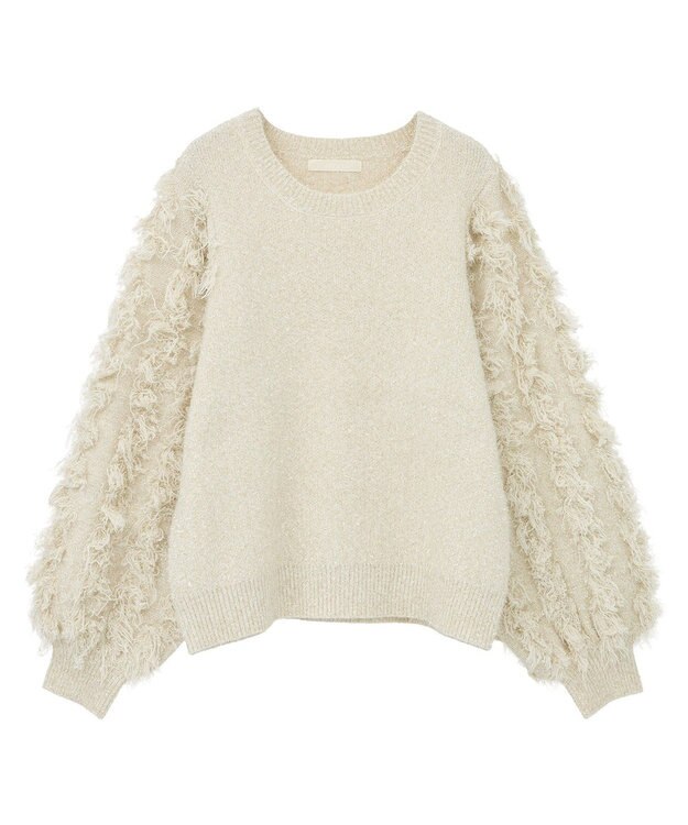 Green Parks ・ｆｕｒｒｙ　ｒａｔｅ　ラメフェザー袖フリンジニット Off White
