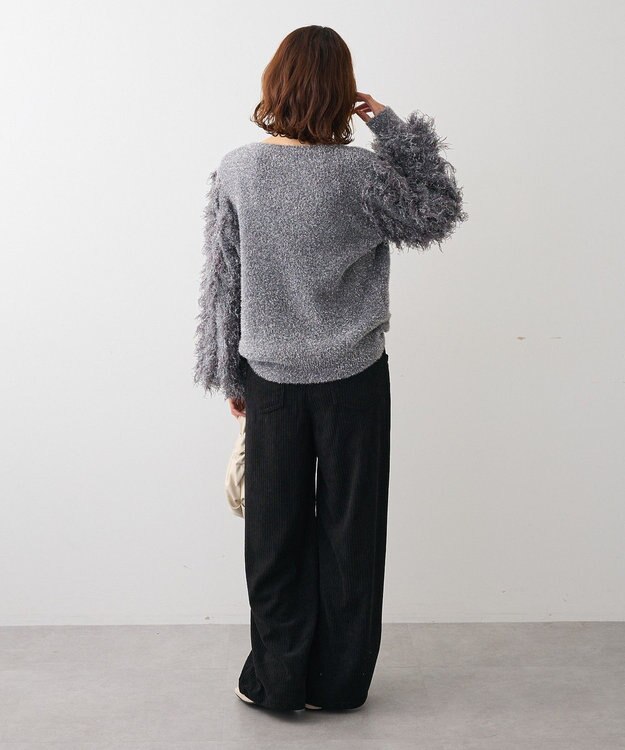 Green Parks ・ｆｕｒｒｙ　ｒａｔｅ　ラメフェザー袖フリンジニット Gray