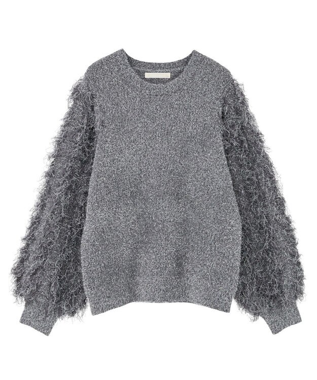 Green Parks ・ｆｕｒｒｙ　ｒａｔｅ　ラメフェザー袖フリンジニット Gray