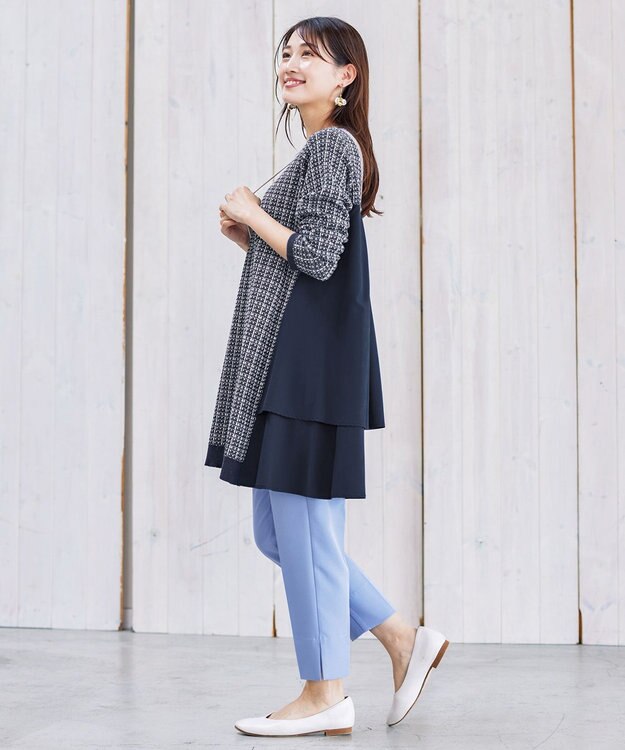 Tiaclasse 【洗える】ツイード2段フレアチュニックブラウス ネイビー