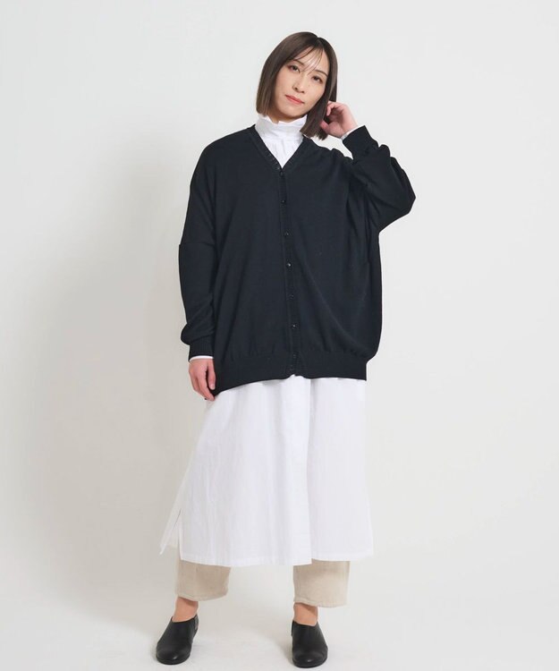 muuc 〈洗える極上メリノウール〉Vネックオーバーサイズカーディガン〈ゆったり体型カバー〉〈アンサンブル可能〉〈透かし編み〉 ブラック