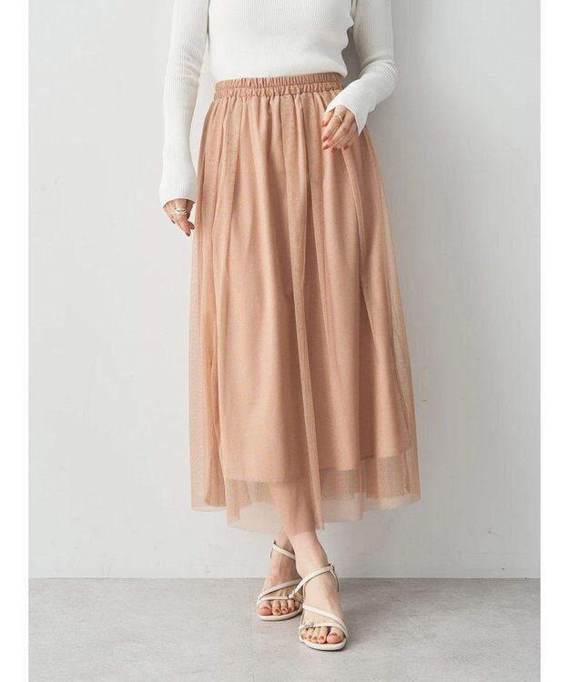 YECCA VECCA ラメチュールギャザースカート Pink Beige