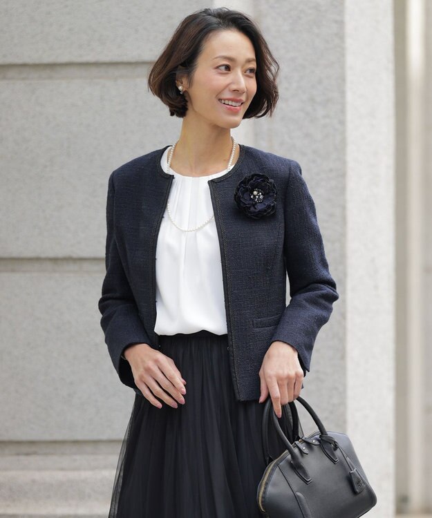 J.PRESS LADIES 【セットアップ対応】ファンシーツイード ノーカラー ジャケット ネイビー系