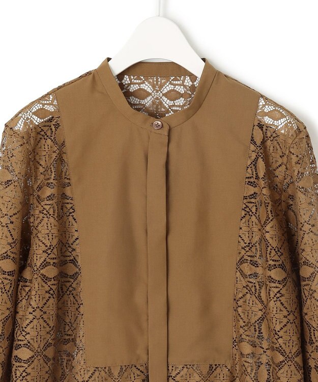 ICB 【洗える】タイルパターンレース バンドカラーシャツ キャメル系