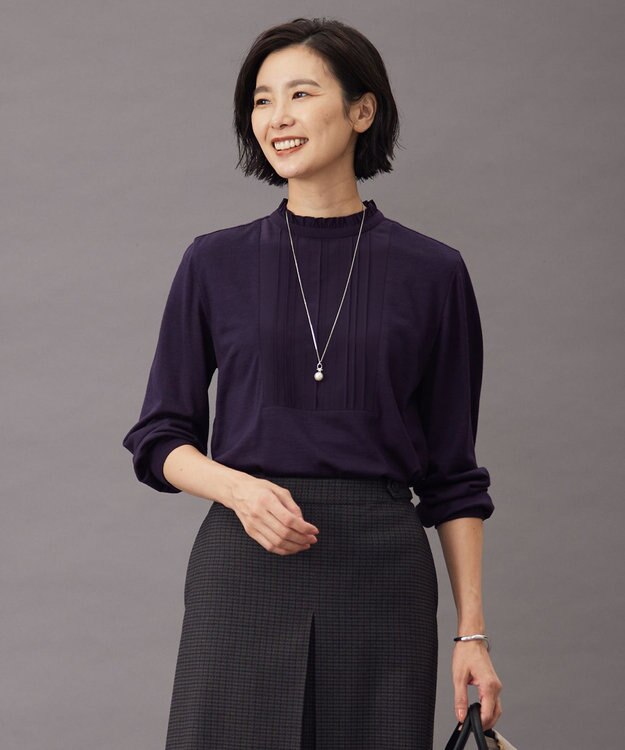 J.PRESS LADIES ウォッシャブルウール フリルネック カットソー パープル系