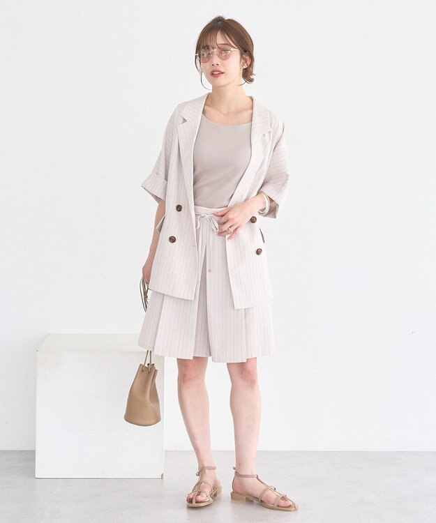 earth music&ecology 【セットアップ対応】ウエストリボンバミューダパンツ Stripe Ivory