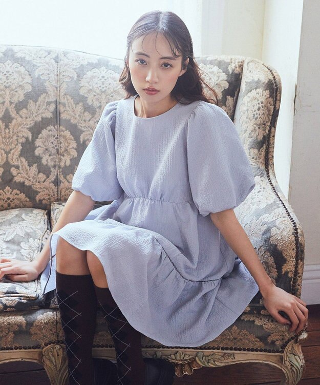 earth music&ecology バックリボンパフスリーブミニワンピース Grayish Blue