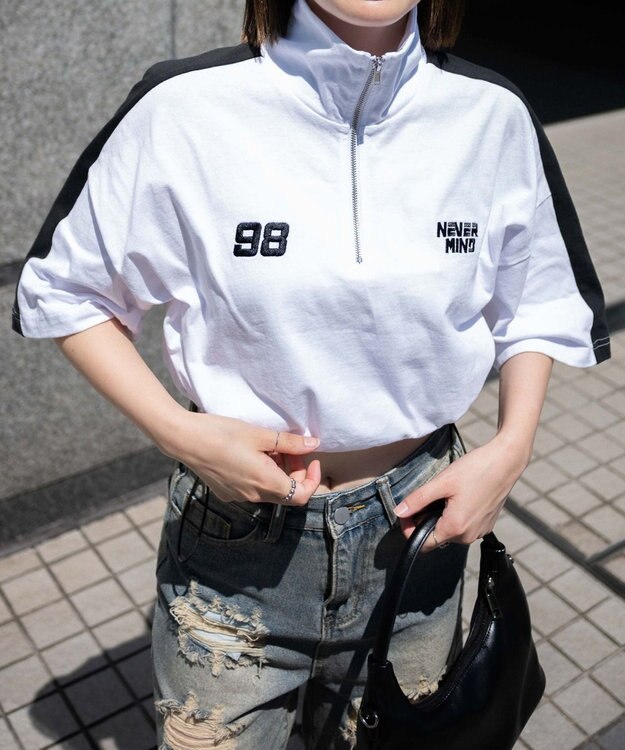 WEGO 刺繍ハーフジップT ホワイト