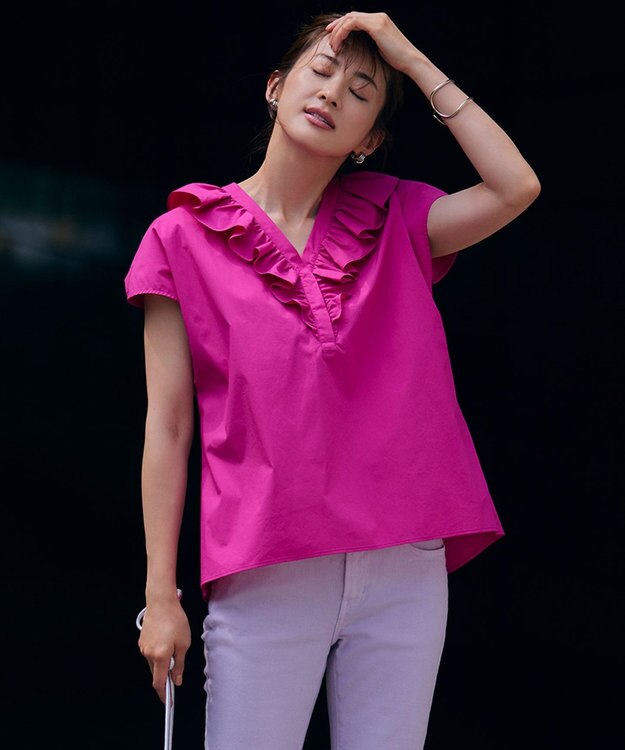 23区 L 【一部店舗限定/洗える】ハイカウントウェザーストレッチ フリル ブラウス マゼンダ