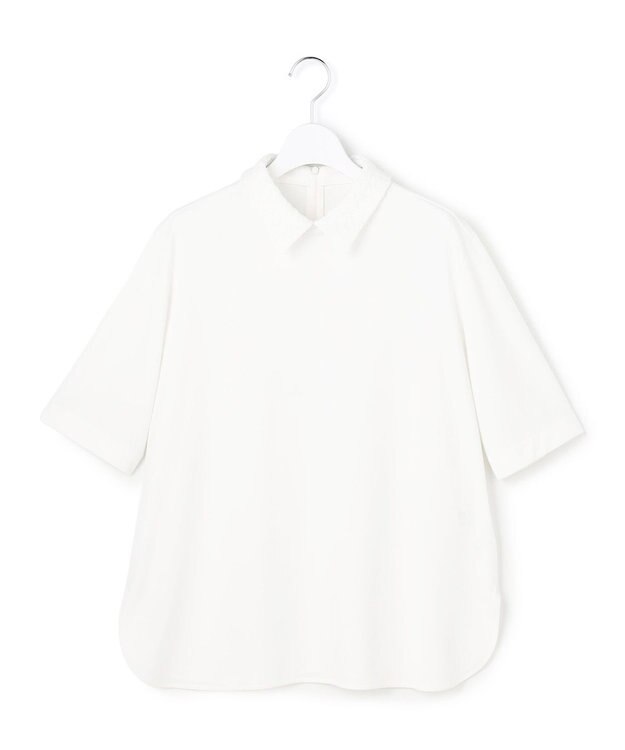 ICB 【先行予約・WEB限定カラーあり】マラボーテライトジョーゼット 半袖ボウタイ付きシャツカラートップス オフホワイト×レース襟［WEB限定］