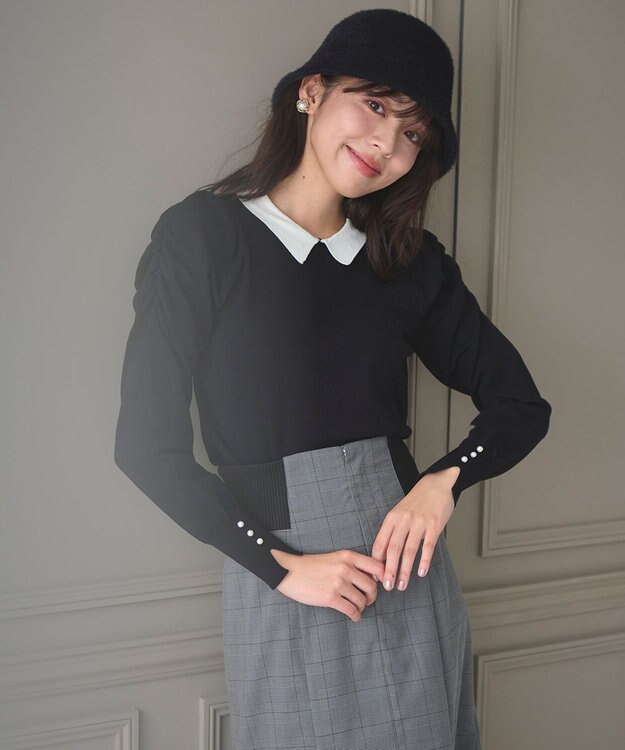 Feroux 配色襟パワショル ニット ブラック系