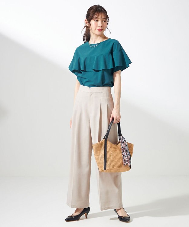 ANY SIS L 【前後着用・UVケア・洗える】2WAYジョーゼットジャージーフリル カットソー グリーン