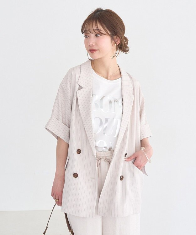 earth music&ecology 【セットアップ対応】リネンライクダブルジャケット Stripe Ivory