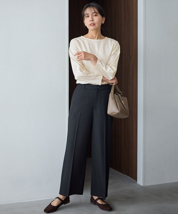 ANY L 【洗濯機可/ストレッチ/ウエストゴム/裏起毛】マルチファンクションストレッチワイドパンツ ブラック