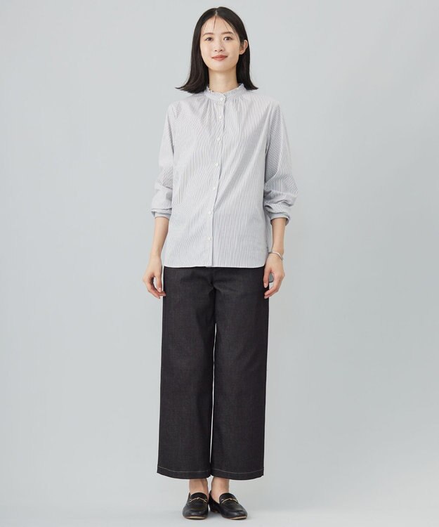 J.PRESS LADIES 【洗える】BEZ ドビーストライプ フリルネック ブラウス ネイビー×ピンクストライプ系