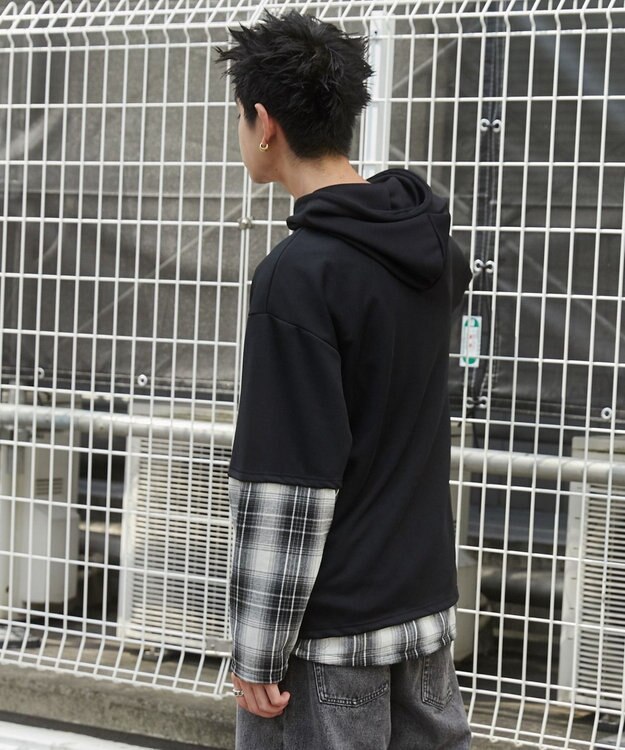 WEGO チェックレイヤードパーカー ブラック