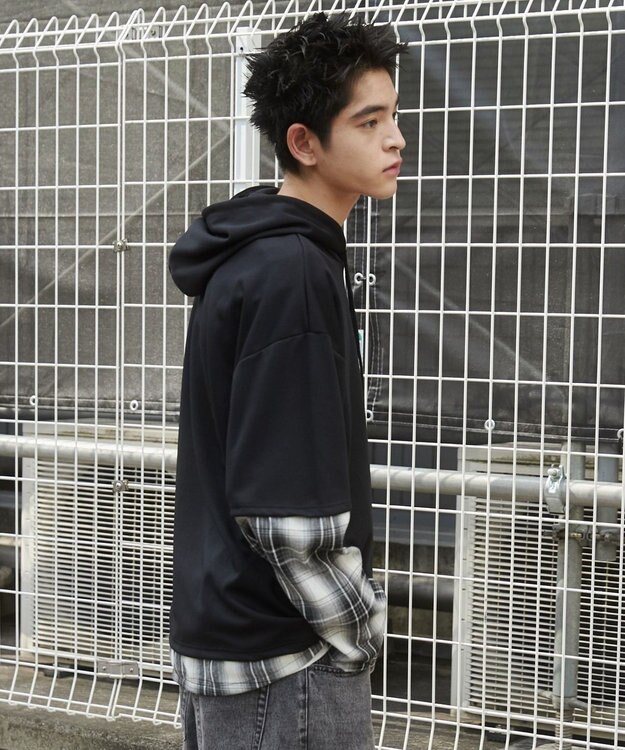 WEGO チェックレイヤードパーカー ブラック